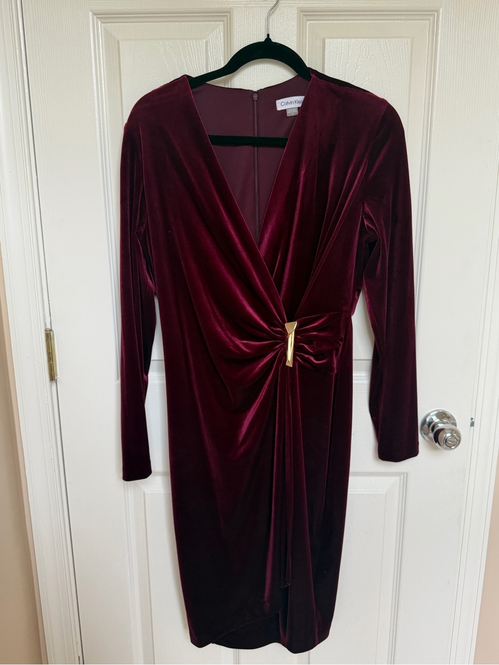 Calvin Klein Wine Velvet Twist-Front Long Sleeve Dress